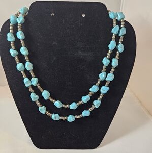 Bohemian Turquoise Nugget and Silver Beaded Double Strand Necklace